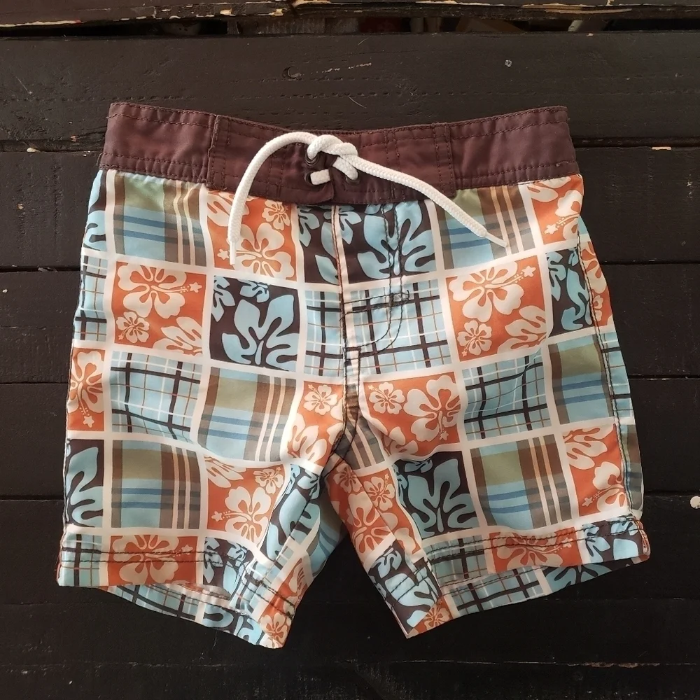 Gymboree Baby Boy 12-18 Months Swim Trunks Brown Orange Blue Plaid Hibiscus